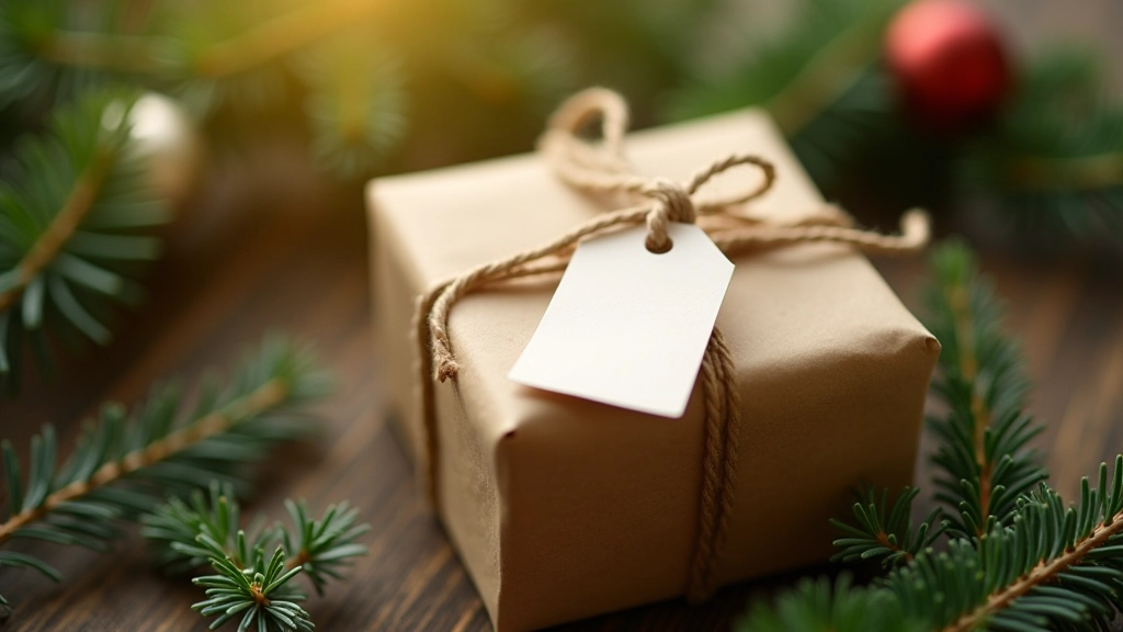 Homemade gift wrapped in kraft paper and twine, handwritten gift tag, arranged with natural greenery on wooden surface, warm afternoon light