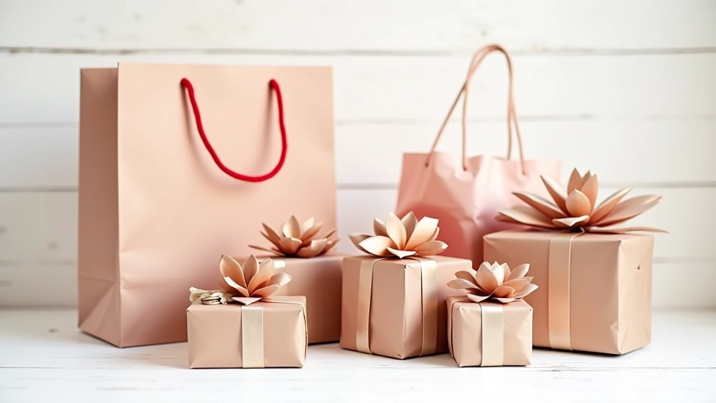 Collection of wrapped holiday gifts and shopping bags showing variety of presents and deals