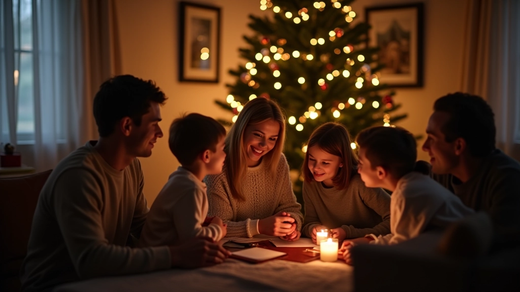 Family gathering around decorated holiday table with homemade treats and activities