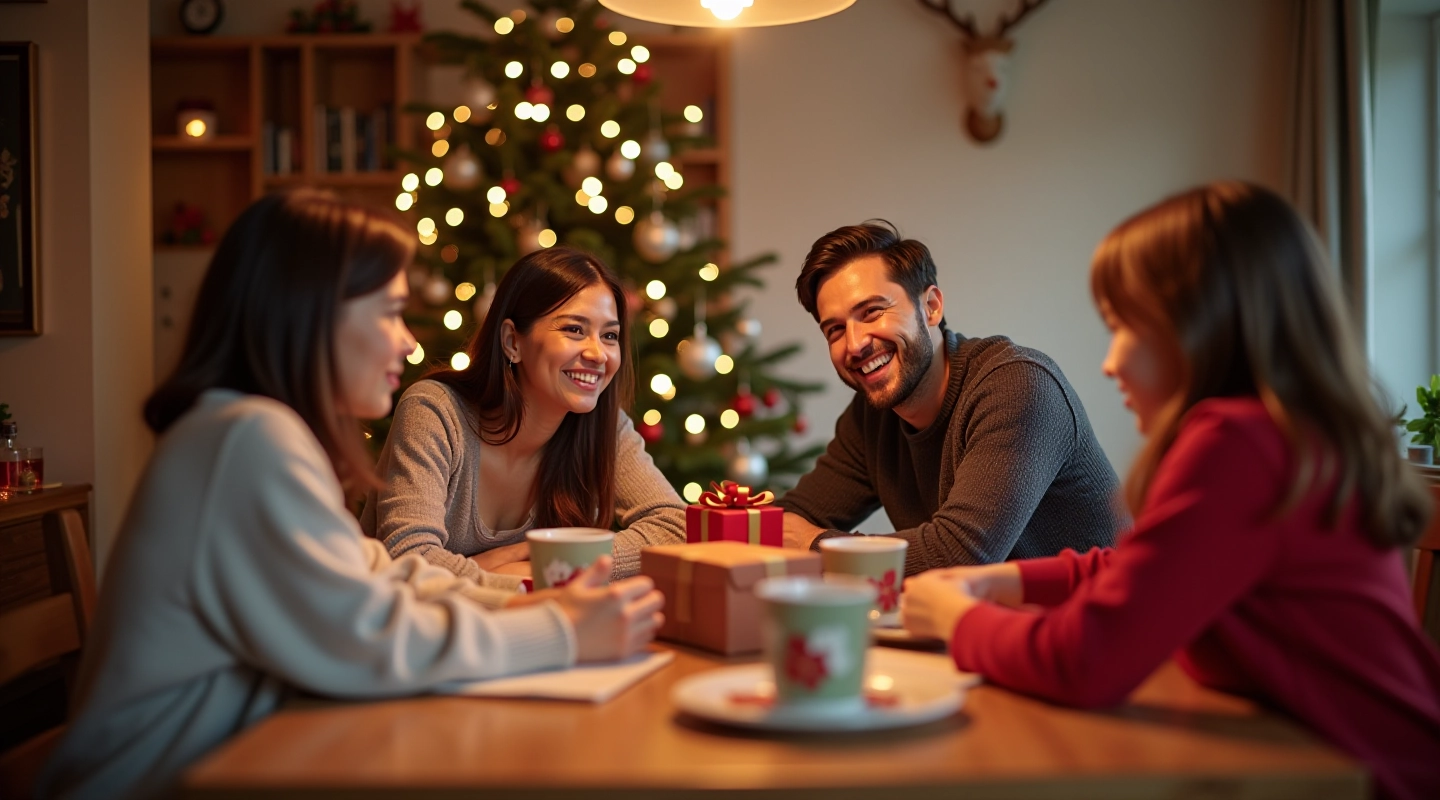 Family of four around wooden dining table reviewing holiday budget and gift lists together