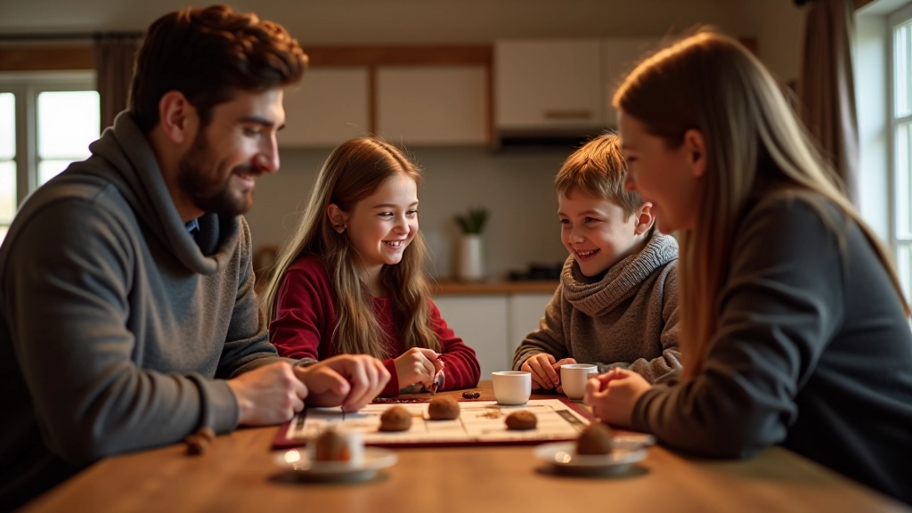 Family of four playing board game at kitchen table with snacks and hot beverages
