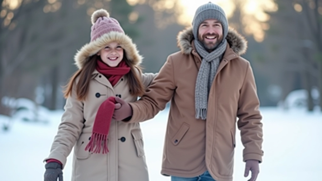 Father and child ice skating together outdoors at outdoor rink with winter trees in background