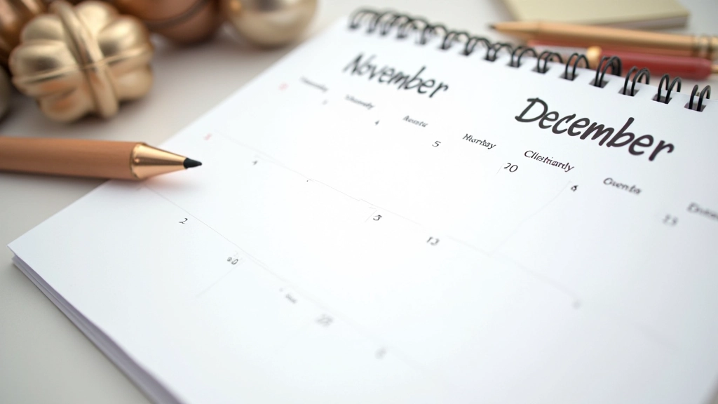 Calendar showing November and December dates highlighted with shopping markers and discount symbols on wooden desk