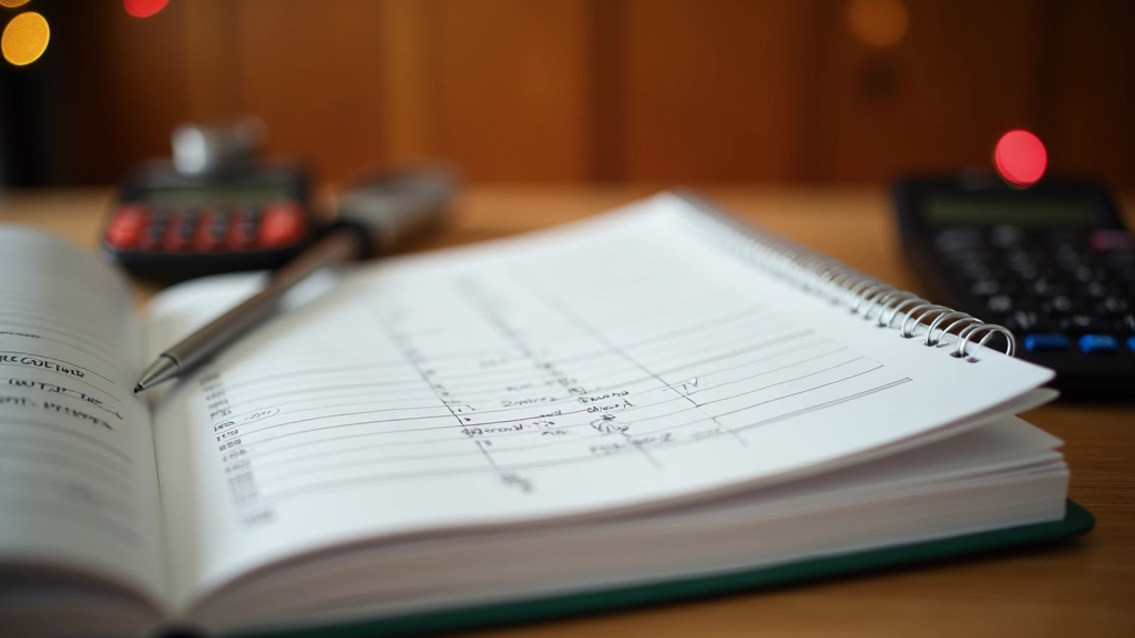 Open notebook with handwritten budget entries, pen, and calculator on wooden desk with holiday decorations