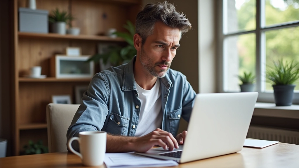 Person at kitchen table tracking expenses in spreadsheet on laptop, coffee mug nearby, organized workspace, natural window light