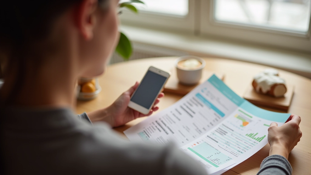 Person holding receipts and smartphone, reviewing purchase records at home with budget notebook nearby