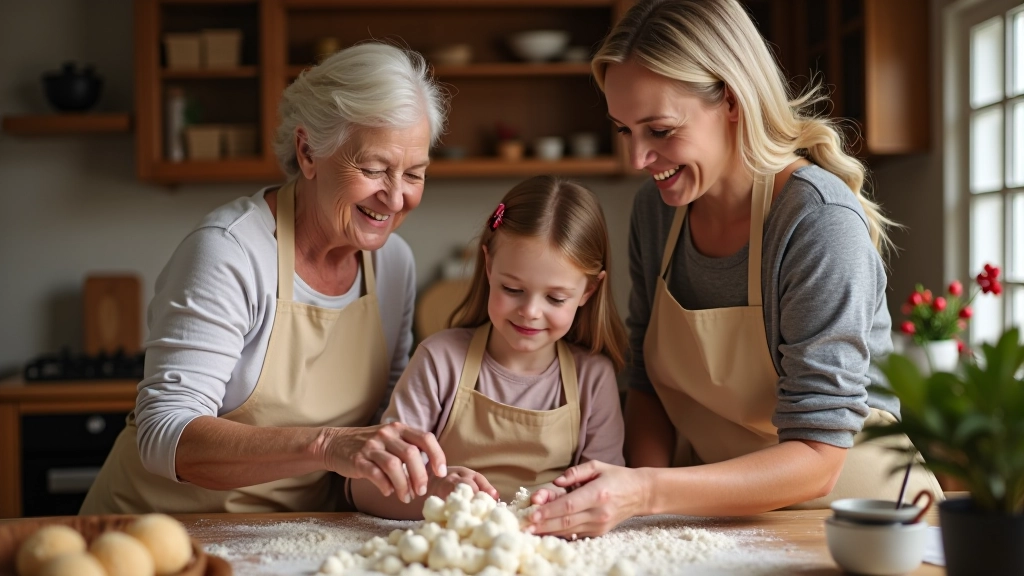 Three generations of women baking cookies together in bright kitchen with flour dusting the counter
