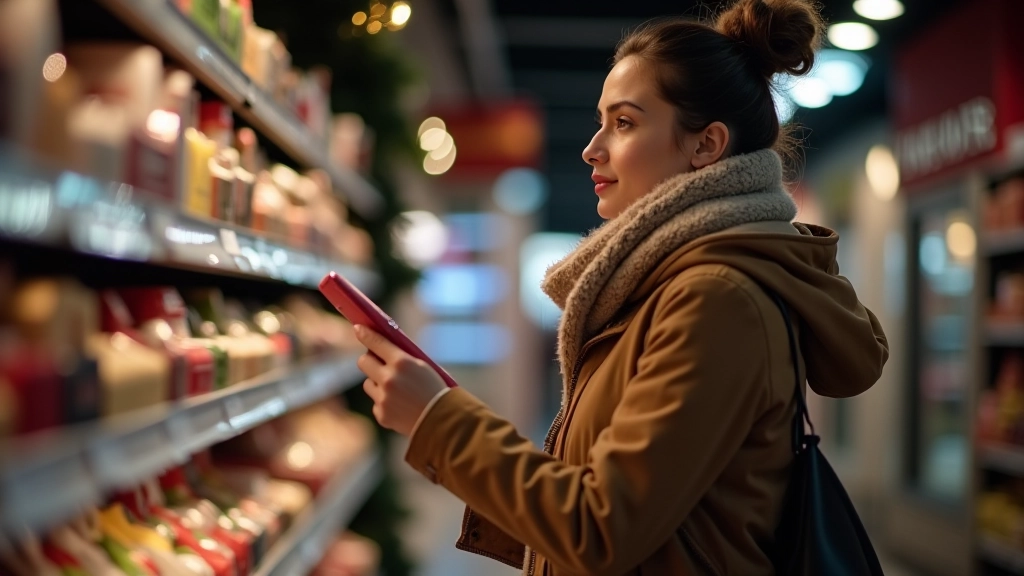 Woman in mid-30s shopping at retail store, fully clothed in casual winter coat, browsing items on shelf, bright store lighting, portrait from chest up