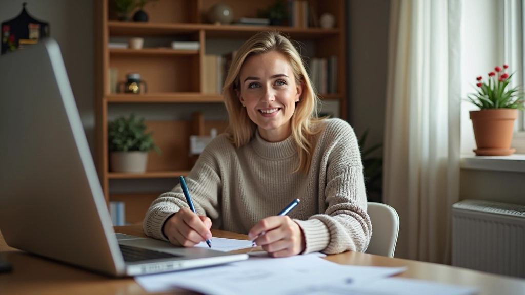 Person comparing product prices on laptop with receipts and notes spread on wooden table