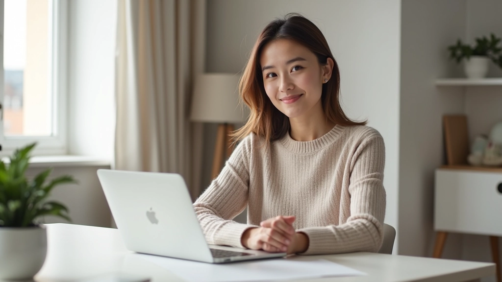 Woman sitting at desk with laptop and papers, taking a mindful break with hand on chest