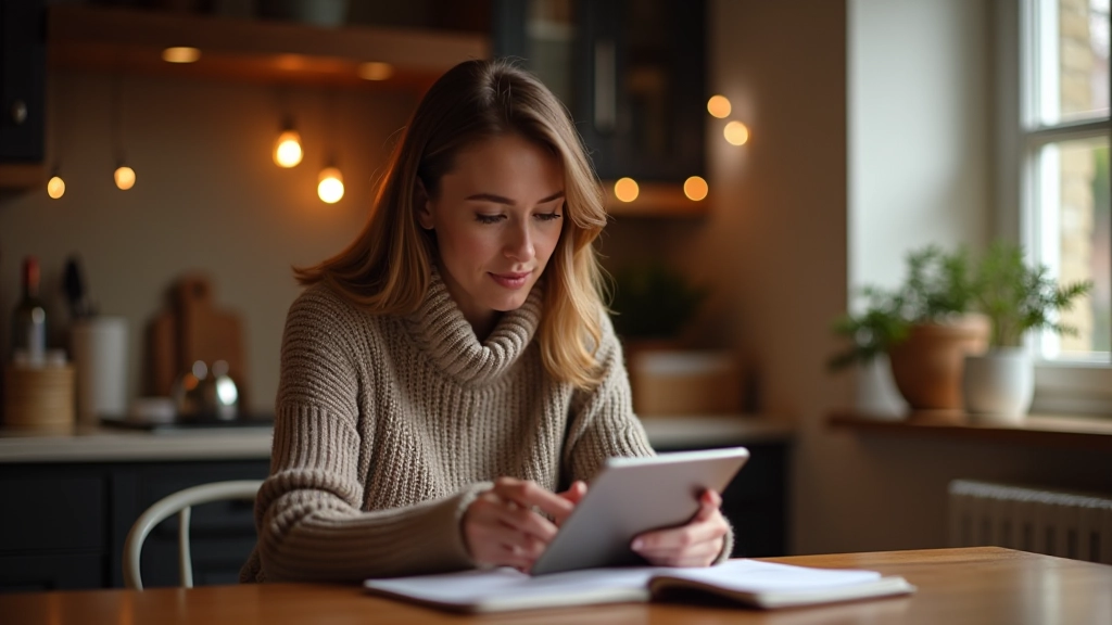 Woman reviewing budget spreadsheet on tablet while sitting at kitchen table with coffee and notebook